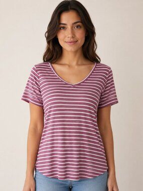 4/$30 Bundle 🌈Active USA Striped V-Neck Swing Top Mauve Ivory Small